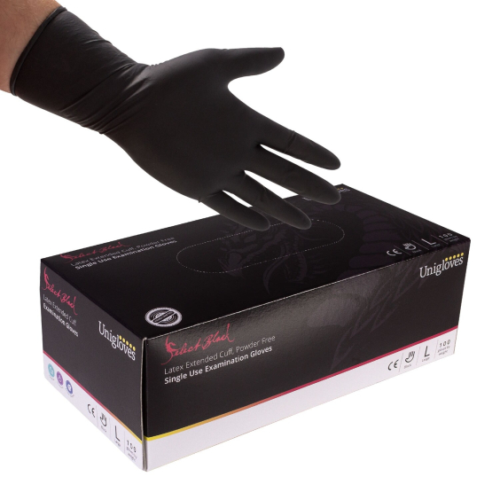 Box of 100 Unigloves Select Black Latex Gloves - Long Cuff
