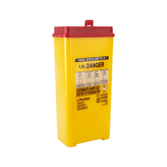 Flynther Tattoo Sharps Bin yellow plastic container with red lid and safety warning label 1.5L capacity