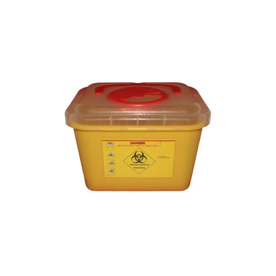 Yellow Tattoo Sharps Bin 5L capacity with red lid and biohazard warning label