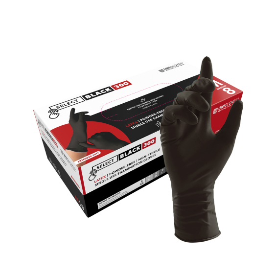Box of 100 Unigloves Select Black Latex Gloves - Long Cuff