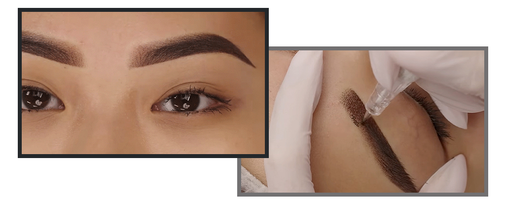 Two close up images of ombre brows stacked on top of each other