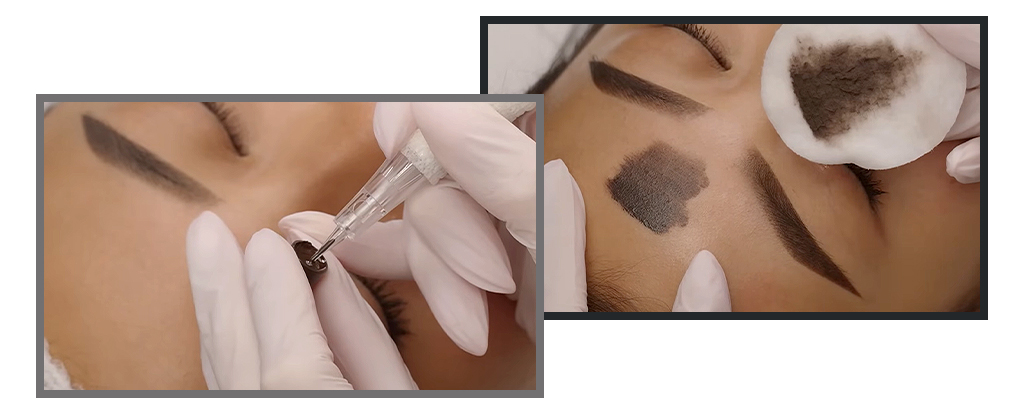 Two close up images of an ombre brow treatment