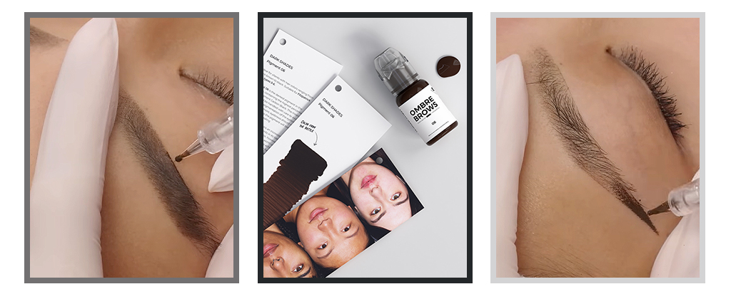 A PMU artist performing a brow treatment, a close up of the pre-draw pad and pigment bottle