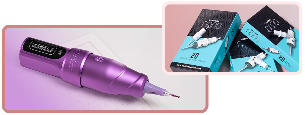 Purple PMU machine and Vertix Nano cartridges in blue and black packaging
