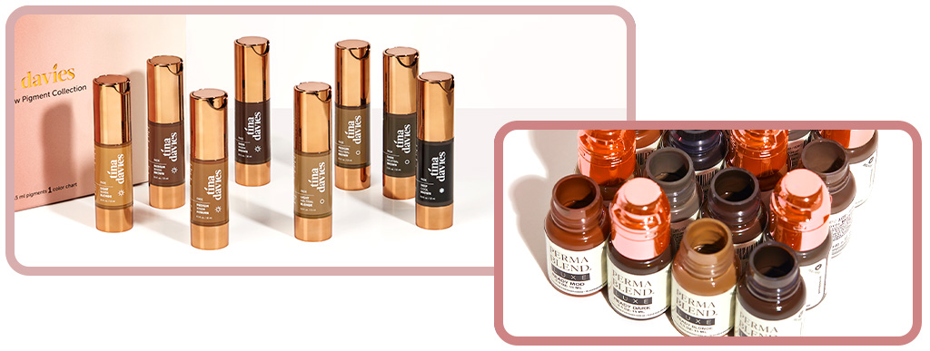 Bottles of PMU pigments from Tina Davies and Perma Blend LUXE