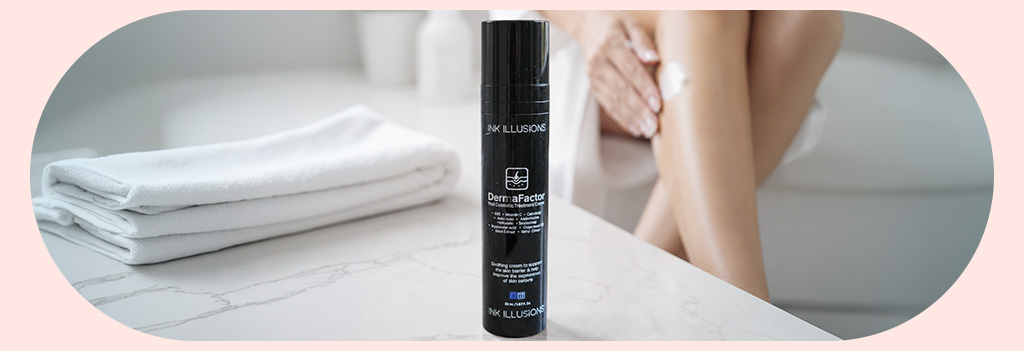 DermaFactor next to a towel on a table with someone applying the cream in the background.