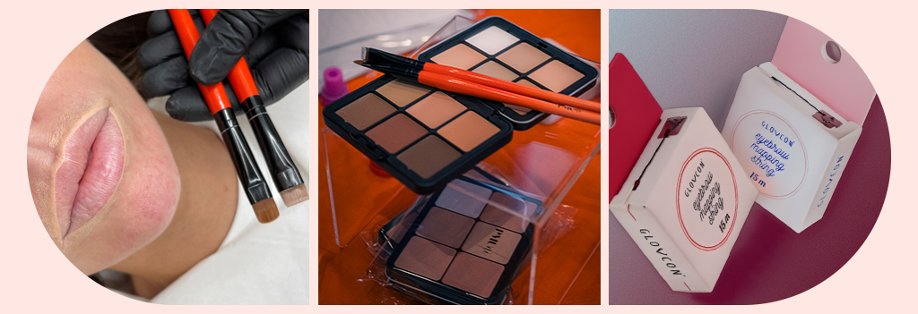Three product images: the PMUni Carve Pre Draw Brushes, PMUni 12 Shade Cream Concealer Palette, and eyebrow mapping string.