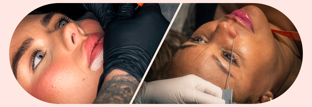 Close-up shots of A lip pre-draw and brow mapping.