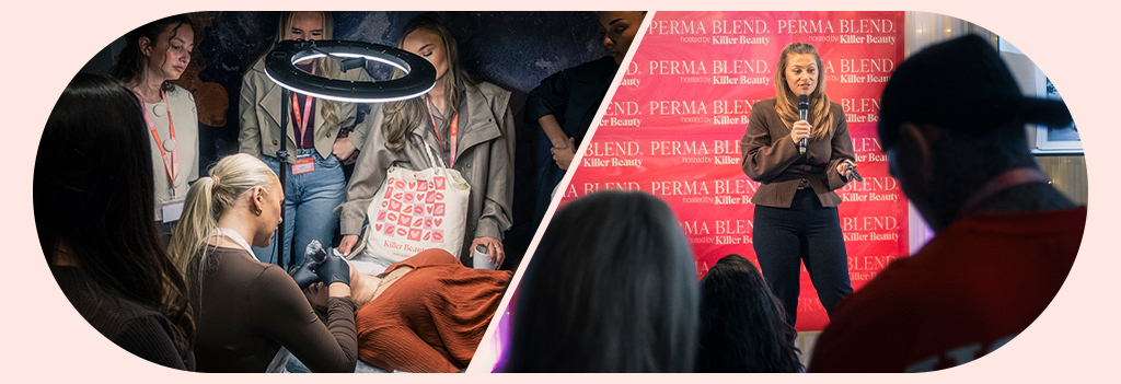 A lip blush demonstration and a talk at a PMU event.